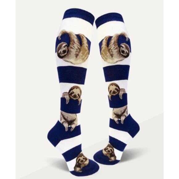 Mod Socks Women's Sloth Stripe Knee High Socks White Blue Size 9-11 Shoe 6-10 - Picture 1 of 6